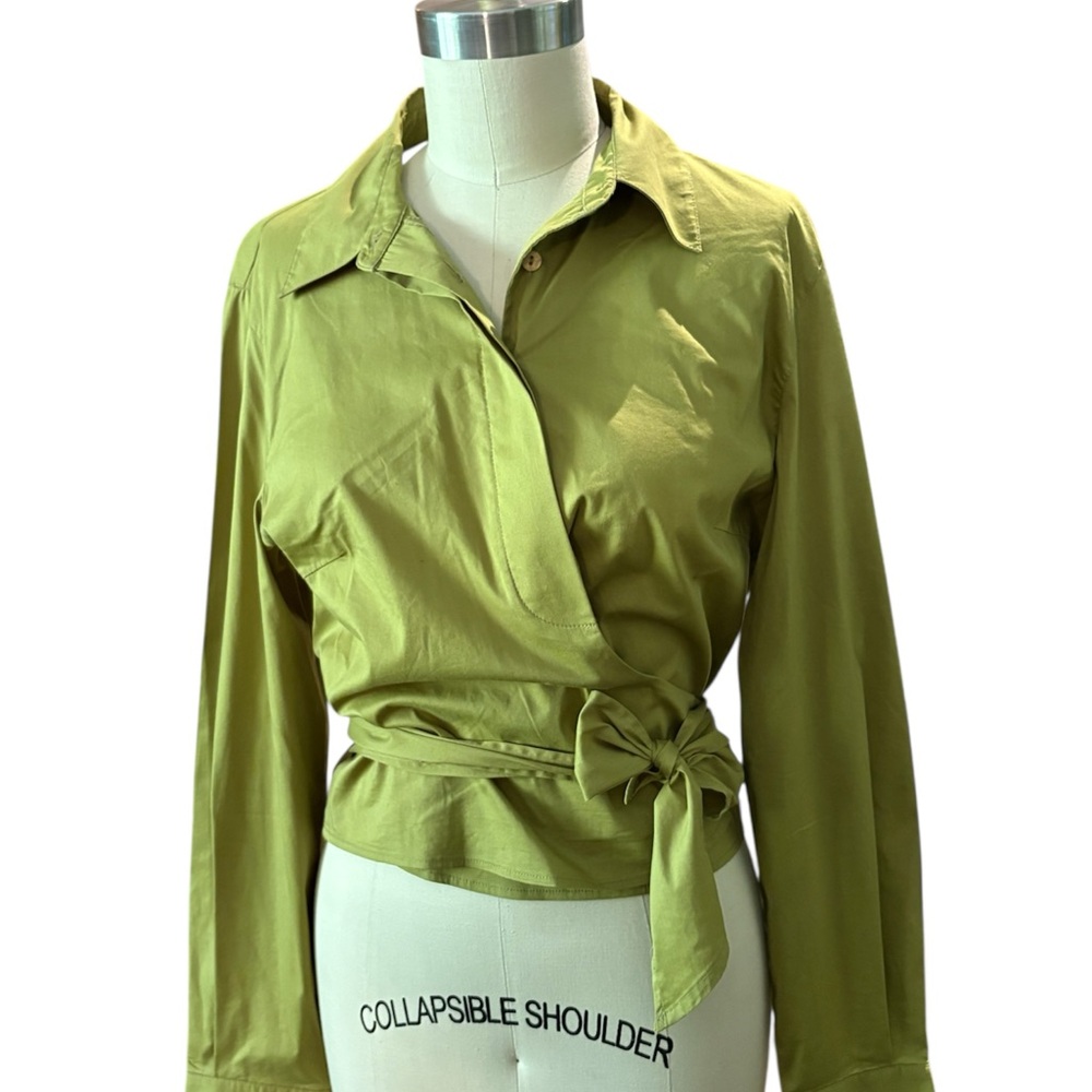 Vintage Donna Gray Lime Green Wrap Blouse — Size L